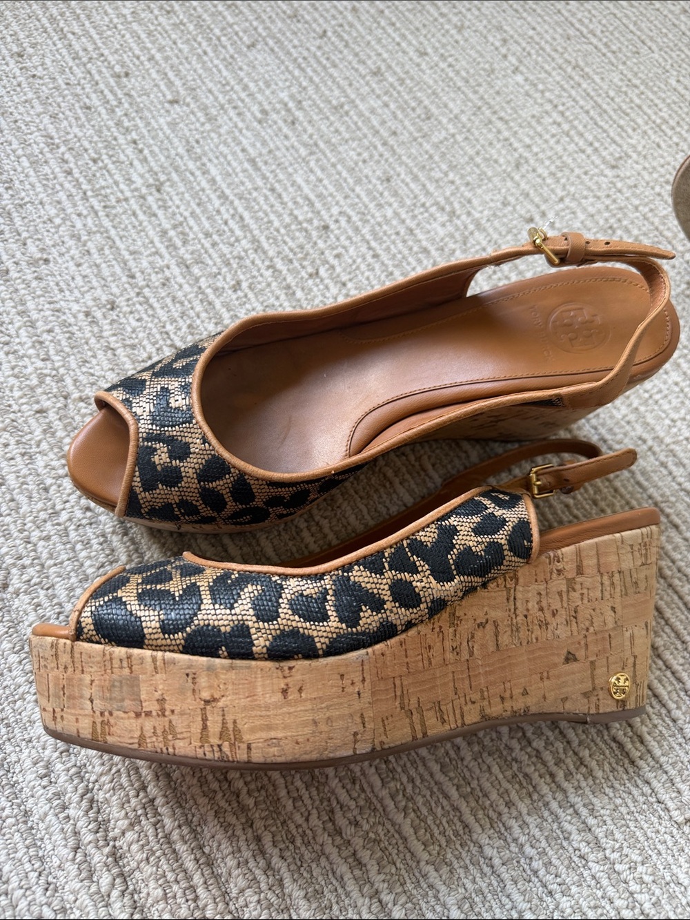 Tory Burch Leopard Print Cork Wedge Slingback Sandals - Tan/Black